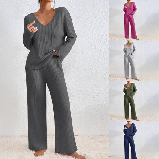 Long Sleeve V-neck Knitted Sunken Stripe Brushed Loose Leisure Suit