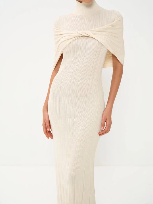 Melange Draped Turtle Neck Maxi Dress in Viscose Knit