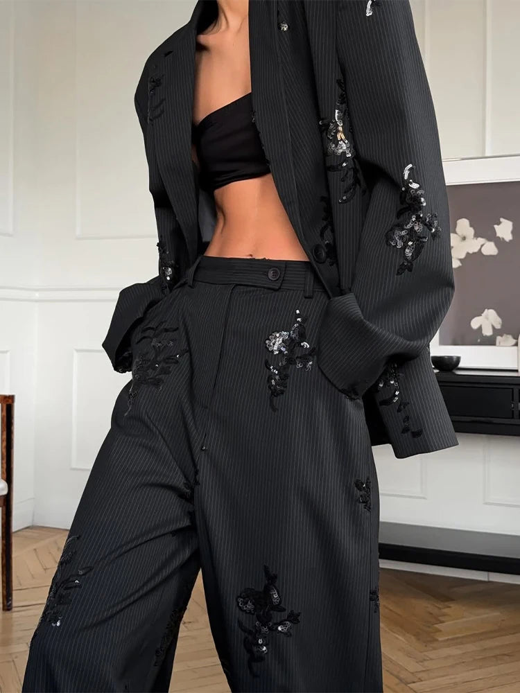 Black sequined embroidered tracksuit set