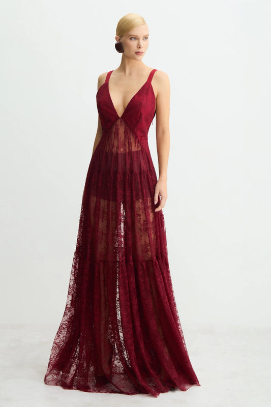 Elegant Lace Deep V-neck Tulle Maxi Dress