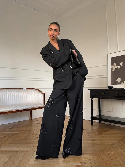 Black sequined embroidered tracksuit set